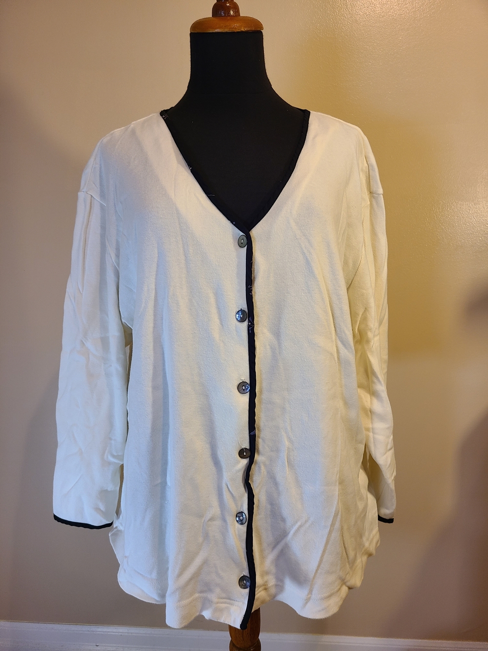 Off White Button-Front Cardigan with Black Trim